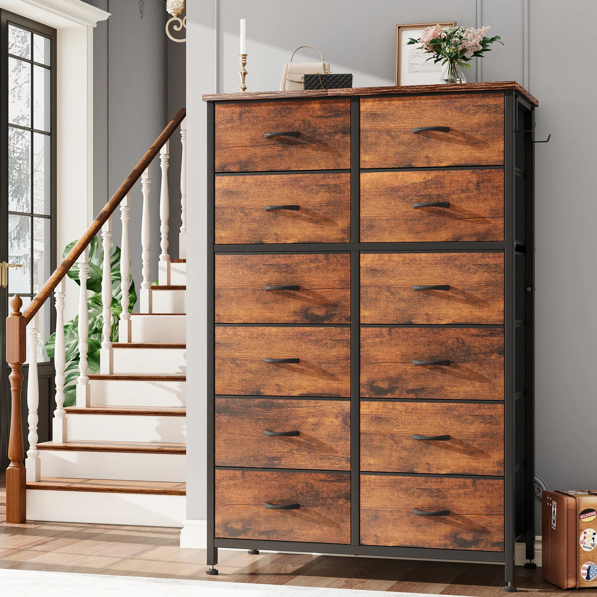 12 Drawer Fabric Dresser with Steel Frame and Wooden Top N906