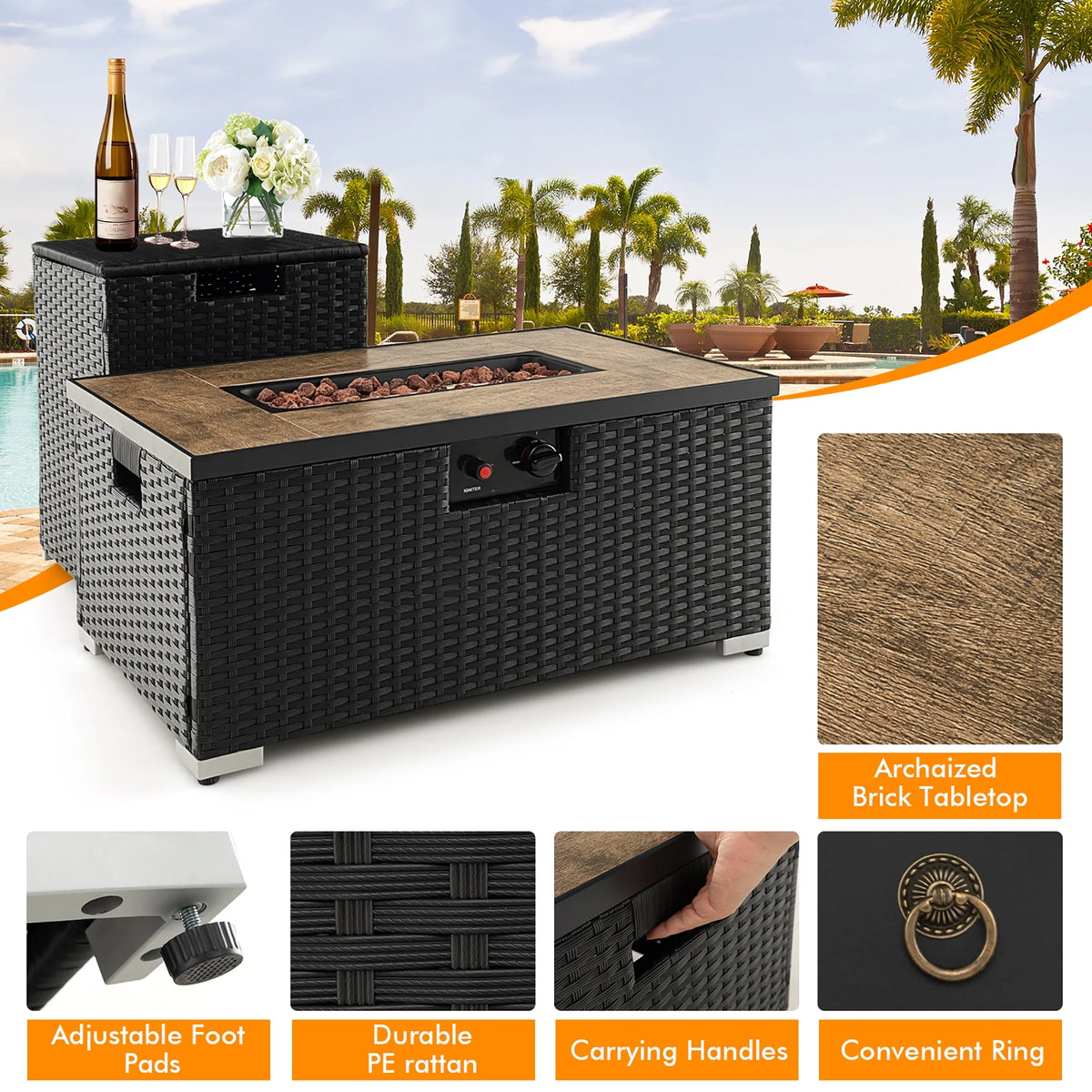 32''x 20'' Propane Rattan Fire Pit Table Set with Side Table and Cover 40,000 BTU S79373