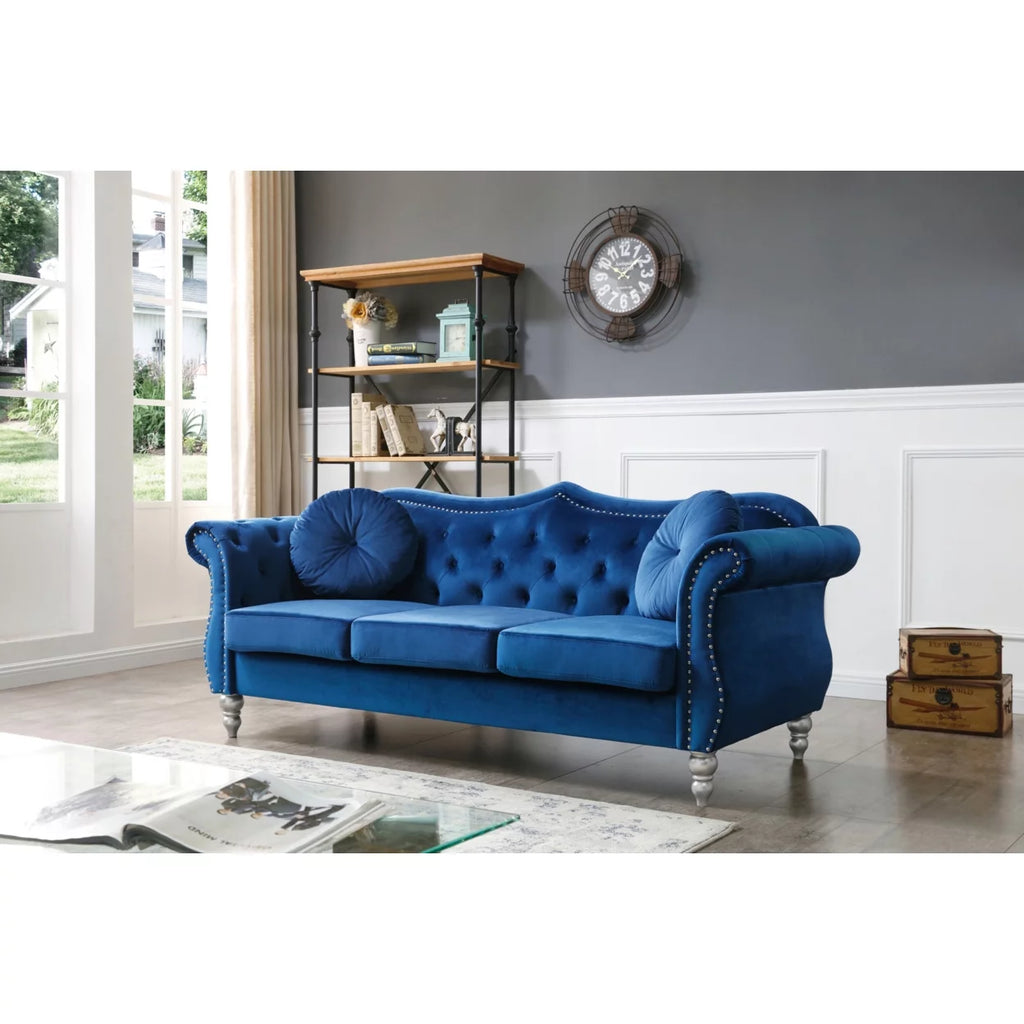 Navy Blue Velvet 3-Seater Sofa with 2-Throw Pillow B378