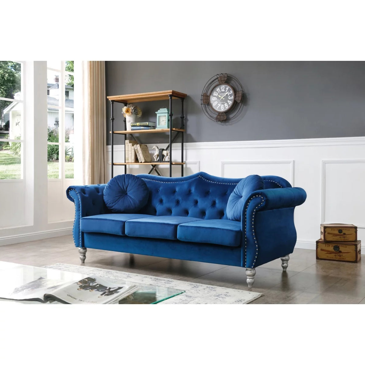 Navy Blue Velvet 3-Seater Sofa with 2-Throw Pillow B378