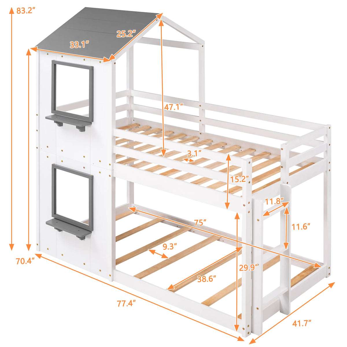 Wood Twin Over Twin Bunk Bed with Roof and Ladder G30325