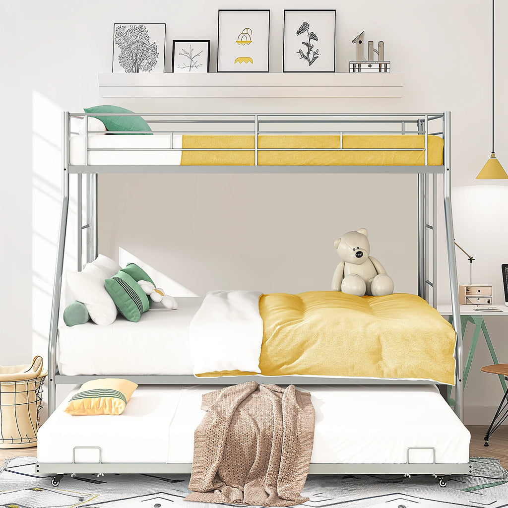 Silver Metal Twin Over Full Bunk Beds with Trundle N729