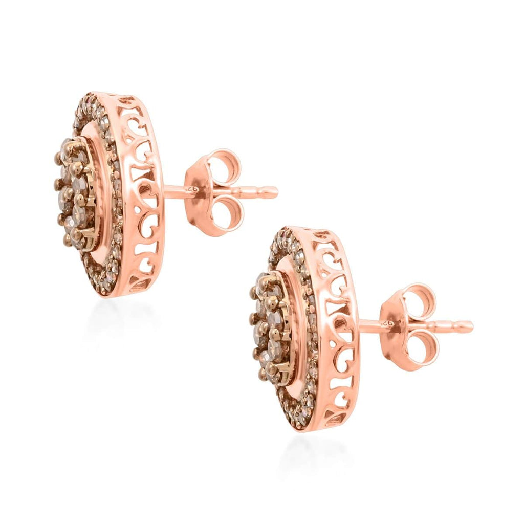 Champagne Diamond Round 925 Sterling Silver Vermeil Rose Gold Plated Cluster Stud Solitaire Earrings W318