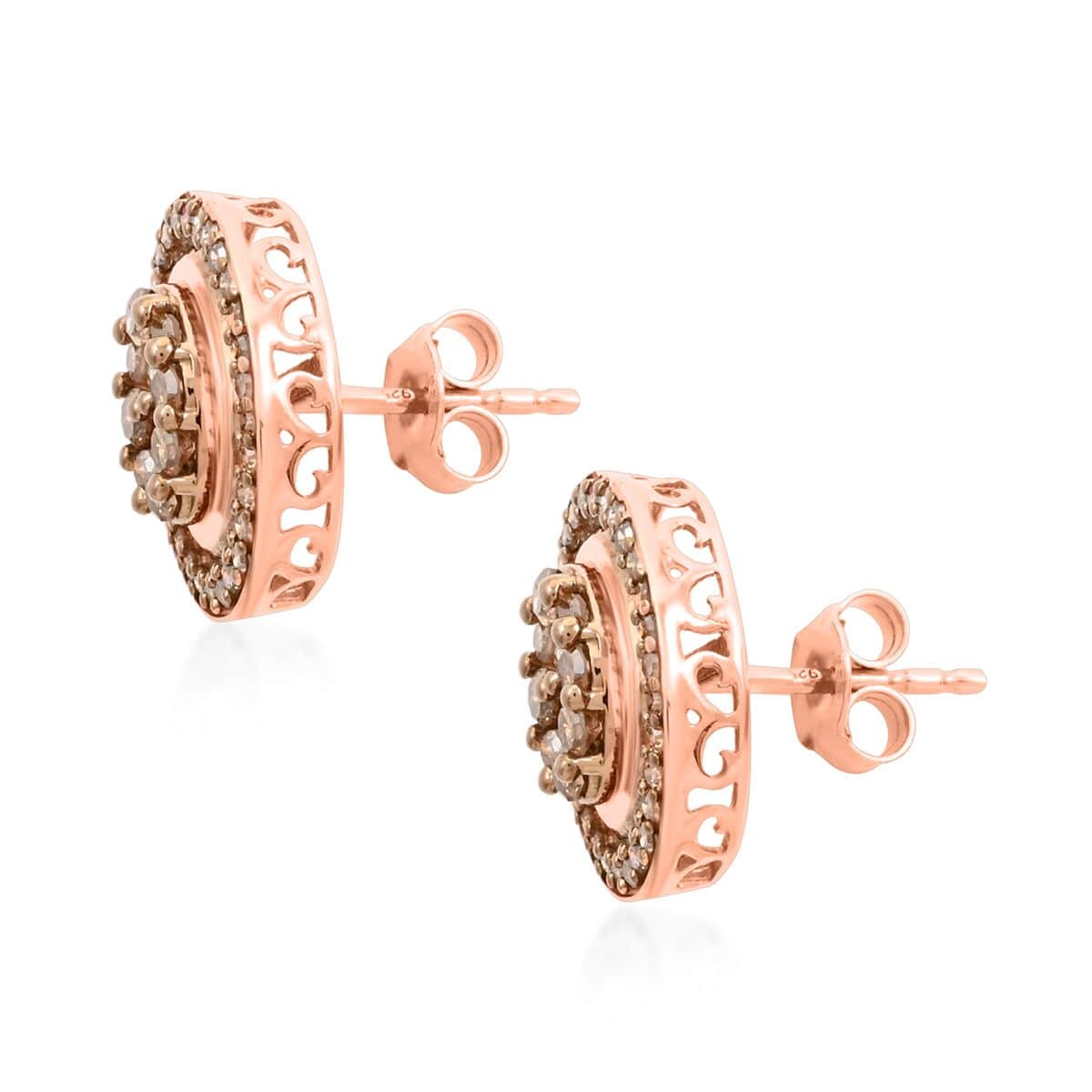 Champagne Diamond Round 925 Sterling Silver Vermeil Rose Gold Plated Cluster Stud Solitaire Earrings W318