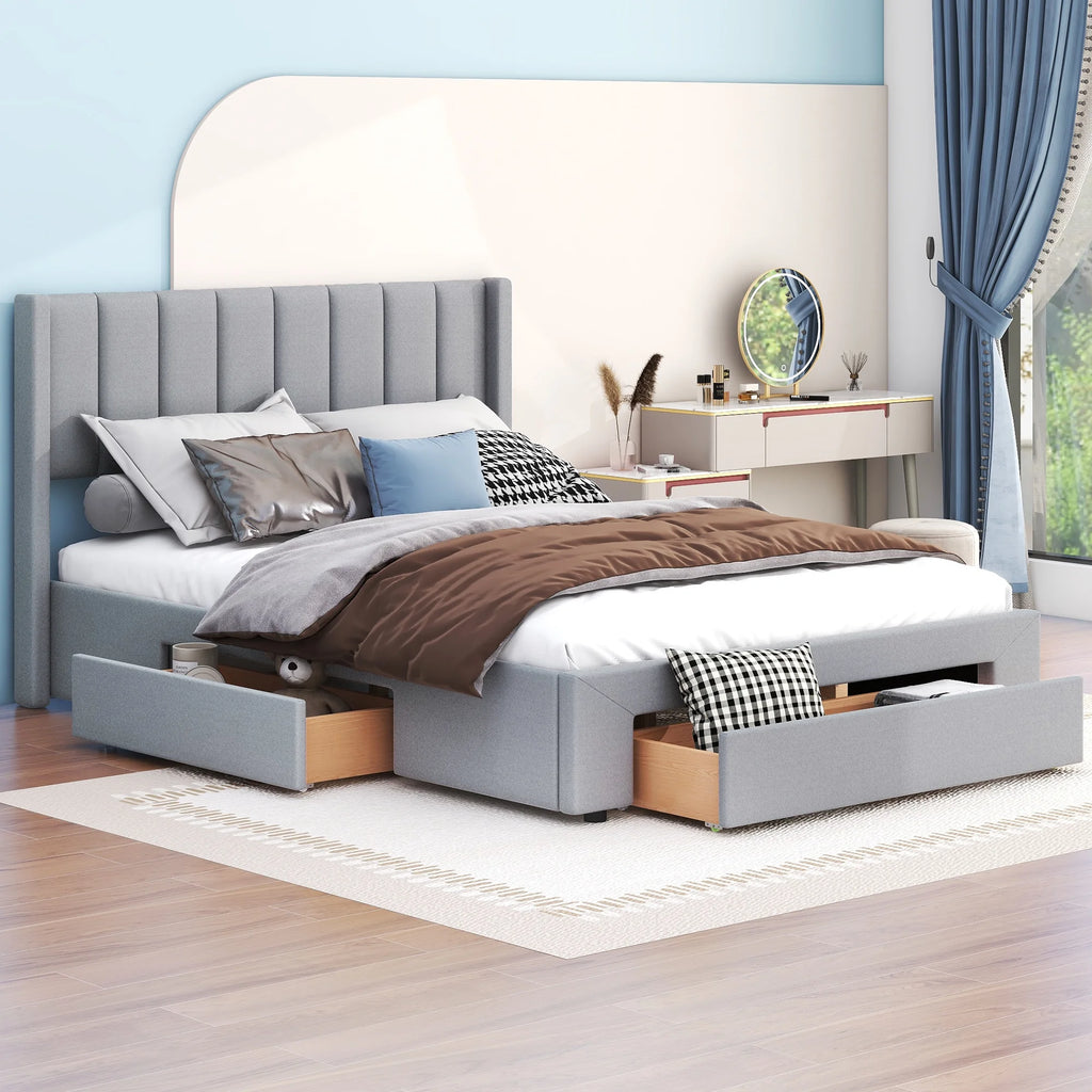 Queen Size Upholstery Platform Bed with Three Storage Drawers M599