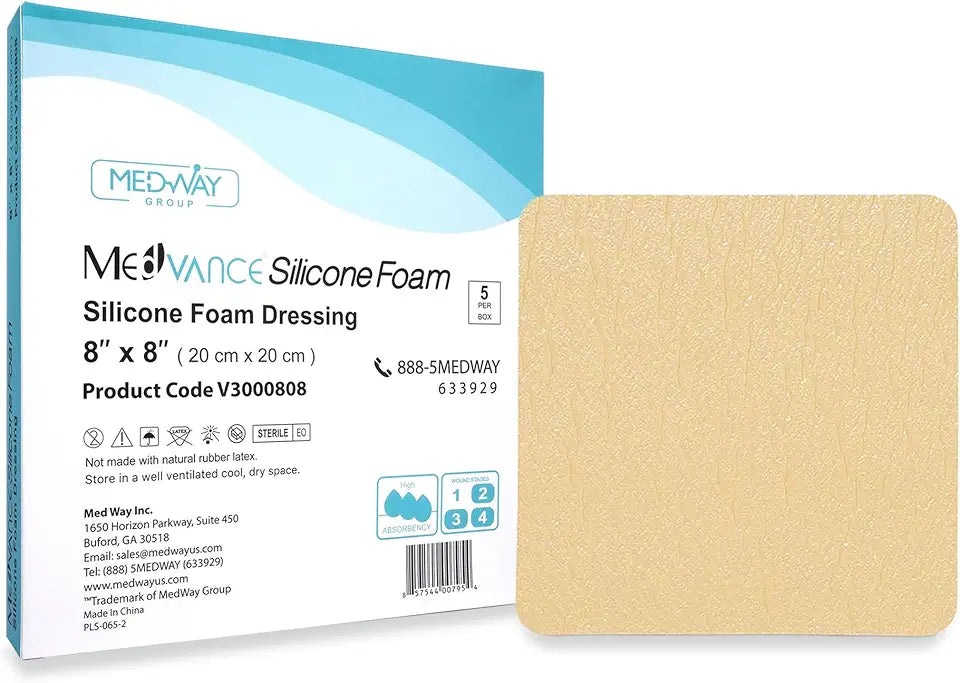Silicone Adhesive Foam Absorbent Dressing 8"x8" Box of 5 J576