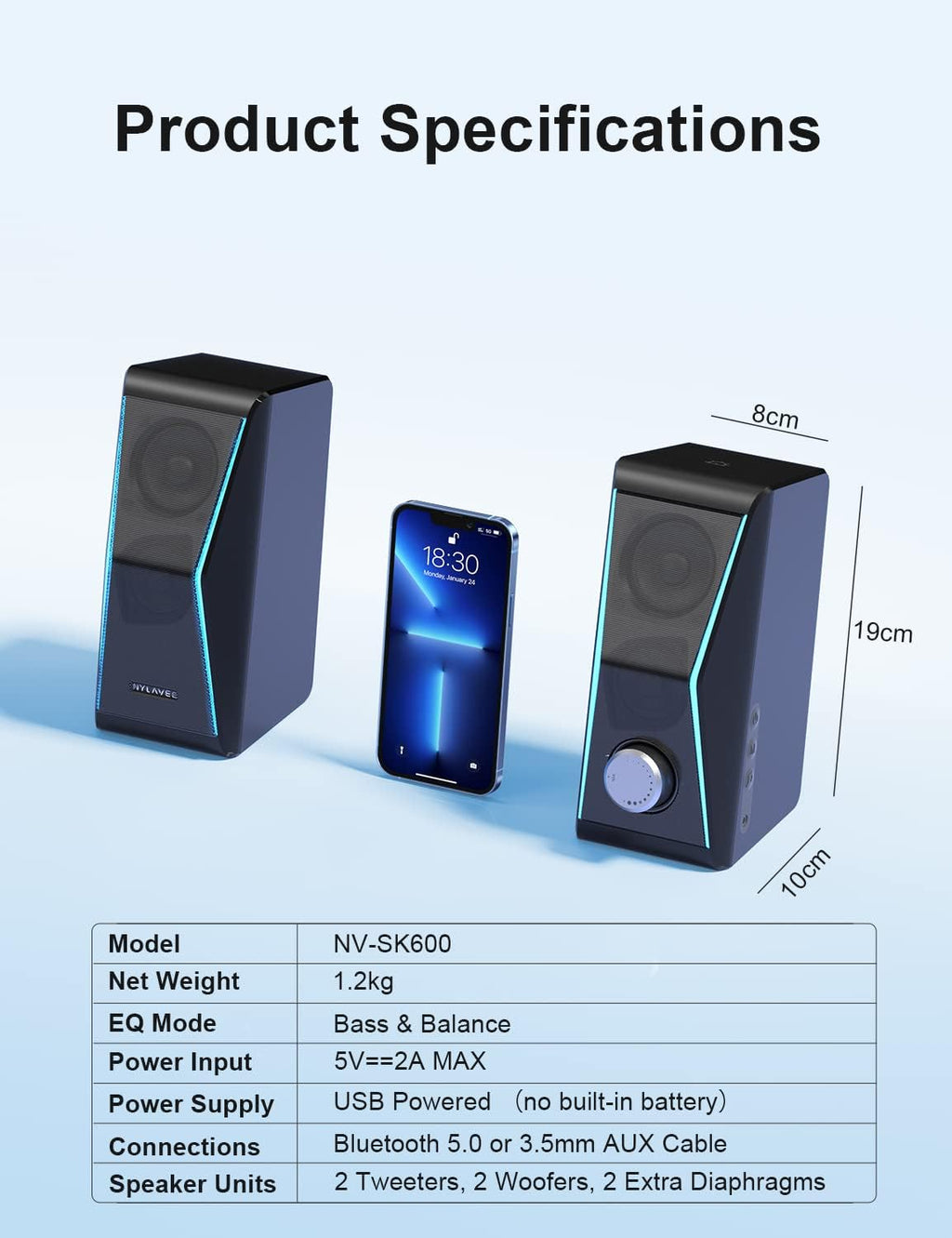 RGB Bluetooth Computer Speakers with Extra Bass, Pack of 2 H1463