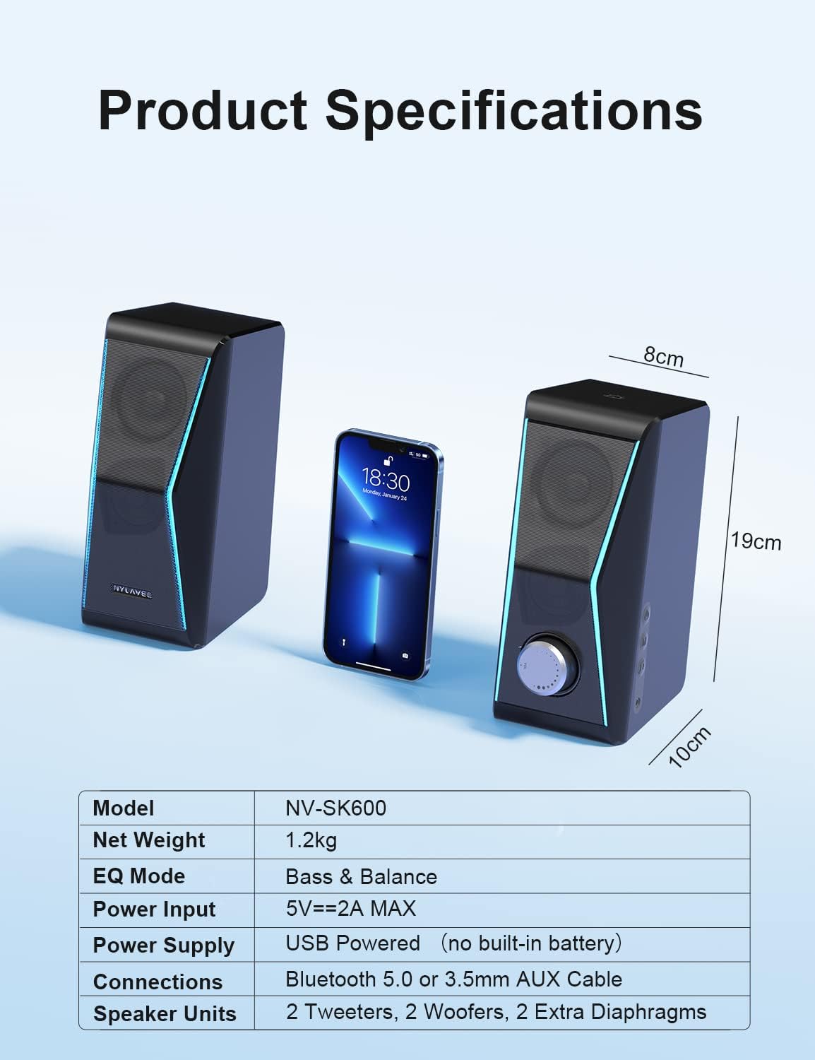 RGB Bluetooth Computer Speakers with Extra Bass, Pack of 2 H1463