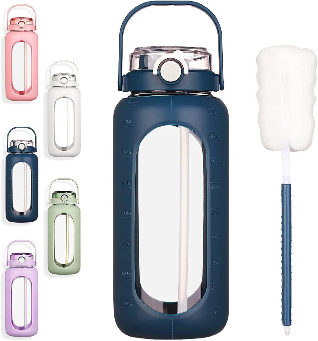 64oz Glass Water Bottle with Straw Time Marker Half Gallon 2L Dark Blue V1888