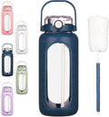 64oz Glass Water Bottle with Straw Time Marker Half Gallon 2L Dark Blue V1888