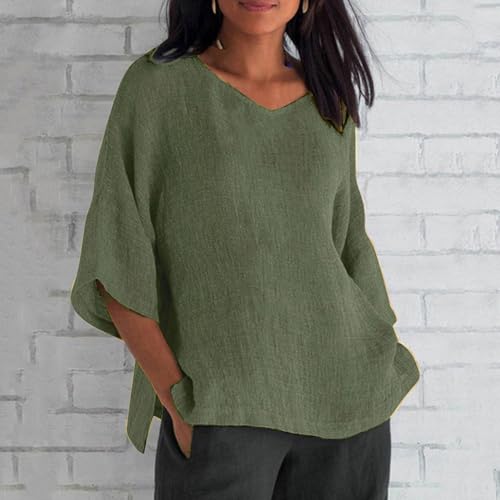 3/4 Length Sleeve Cotton Linen Tunic Blouses H77416