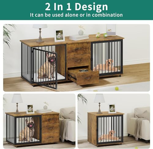 74" Wooden Double Dog Crate Furniture with 2 Feeder Bowls W123