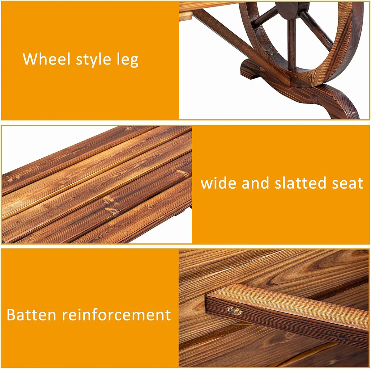 Rustic Wooden Bench with Wagon Wheel Legs L689568