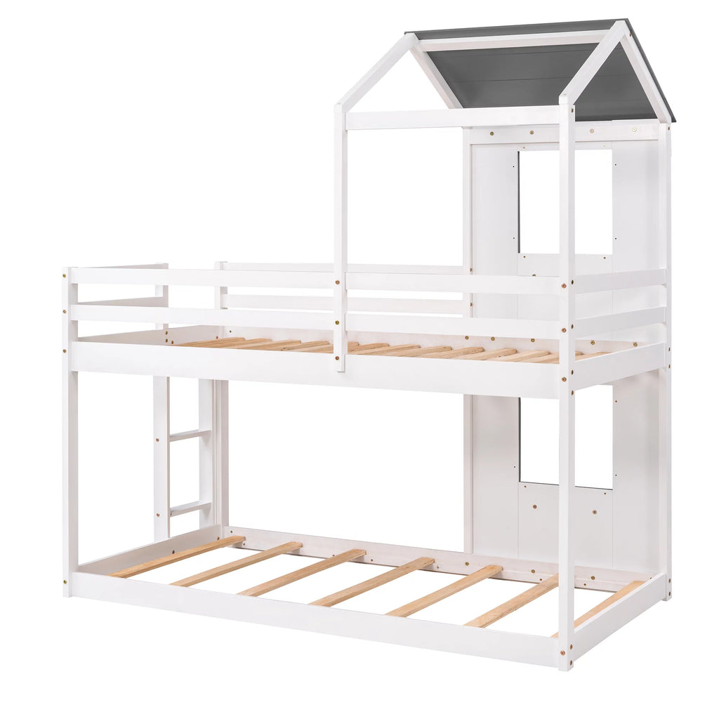 Wood Twin Over Twin Bunk Bed with Roof and Ladder G30325