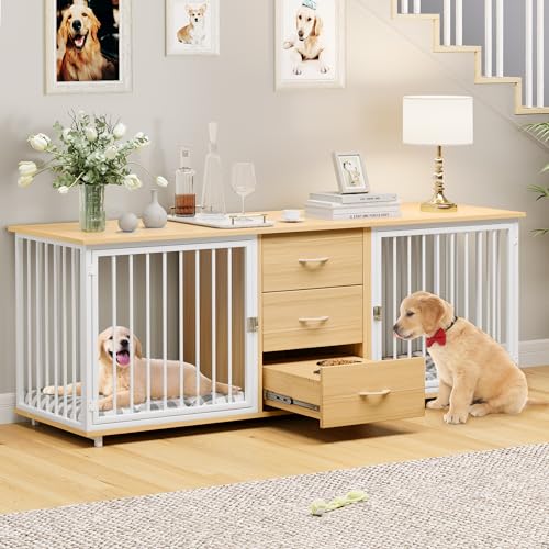 74" Wooden Double Dog Crate Furniture with 2 Feeder Bowls W123