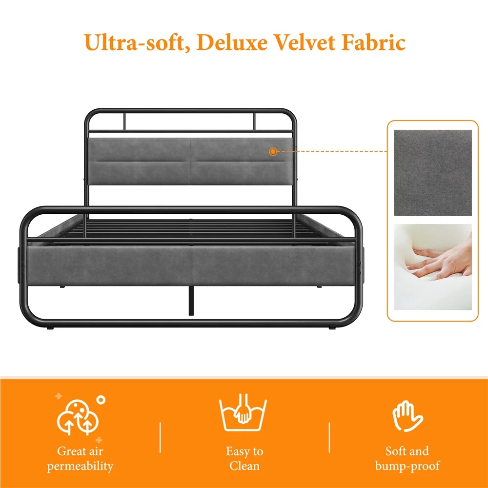 Queen Size Metal Platform Bed with Velvet Upholstered Headboard Dark Gray L603