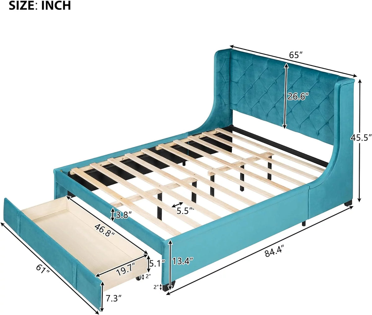 Queen Size Velvet Upholstered Platform Bed Frame with Headboard and Drawers F756