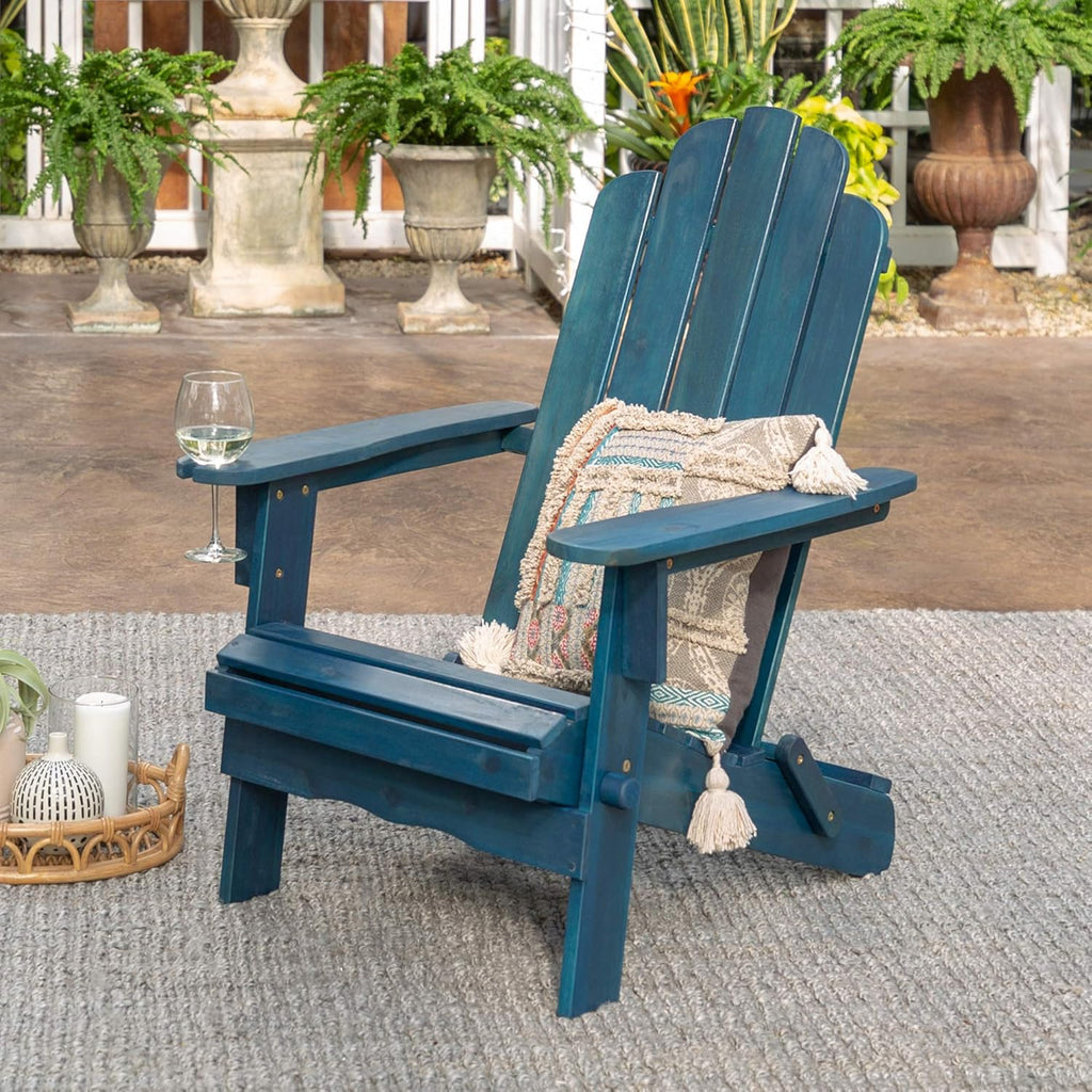 Solid Acacia Wood Outdoor Folding Adirondack Chair, Navy Blue Wash I184432