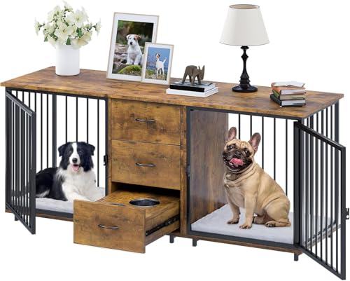 74" Wooden Double Dog Crate Furniture with 2 Feeder Bowls W123