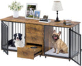 74" Wooden Double Dog Crate Furniture with 2 Feeder Bowls W123