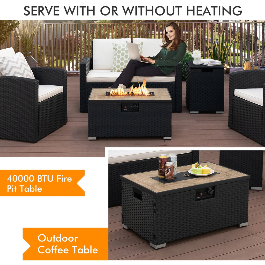 32''x 20'' Propane Rattan Fire Pit Table Set with Side Table and Cover 40,000 BTU S79373