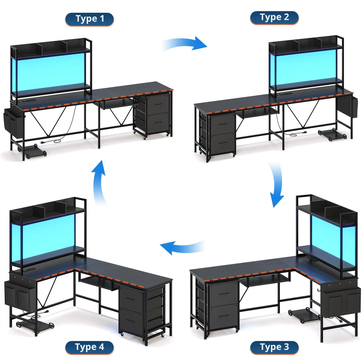 L Shaped Computer Desk with Power Outlet and LED Strip, Black S3306