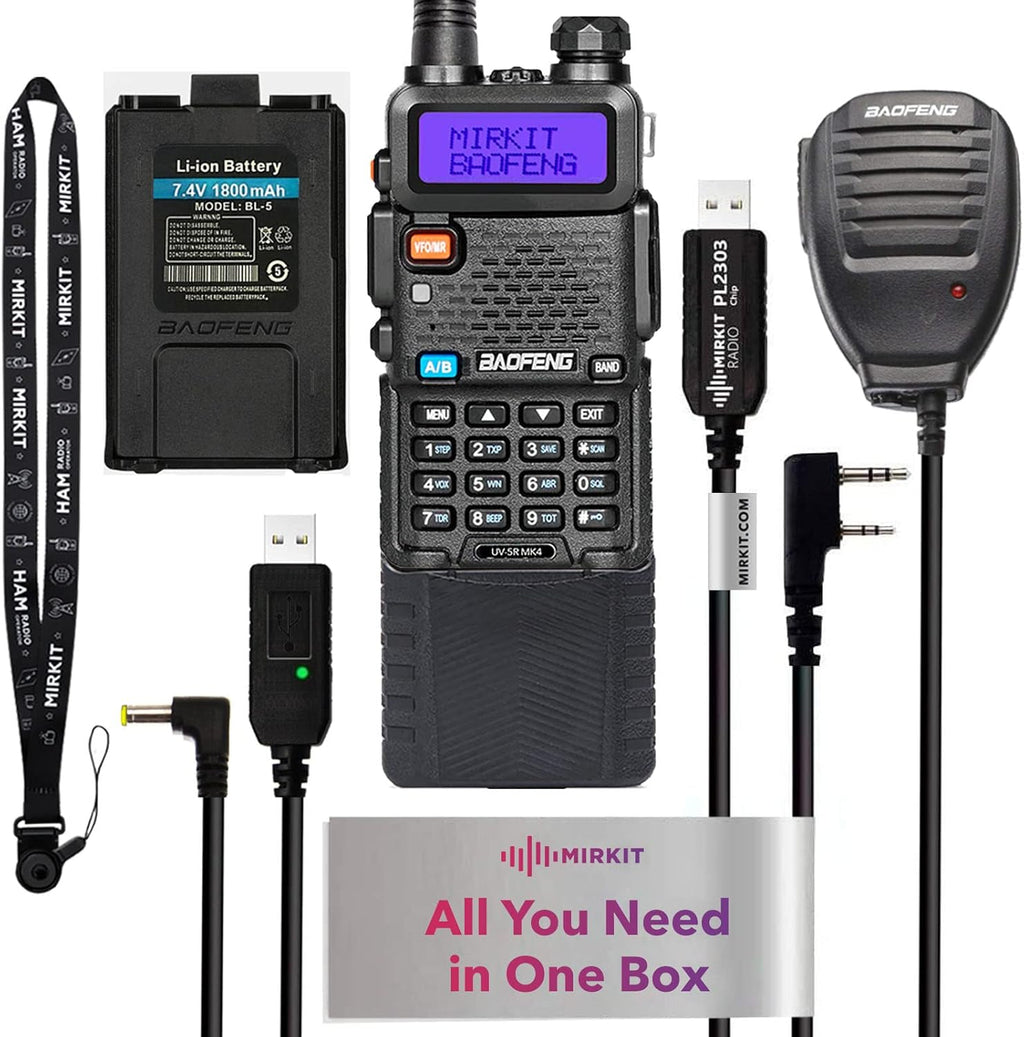 Baofeng Radio UV-5R MK4 8 Watt Max Power with 3800 mAh Handheld Mic Programming Cable and Software - Extra Pack U585