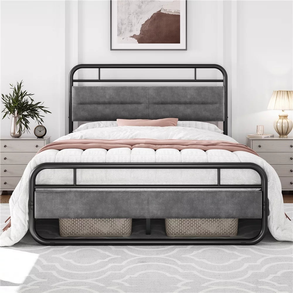 Queen Size Metal Platform Bed with Velvet Upholstered Headboard K85526