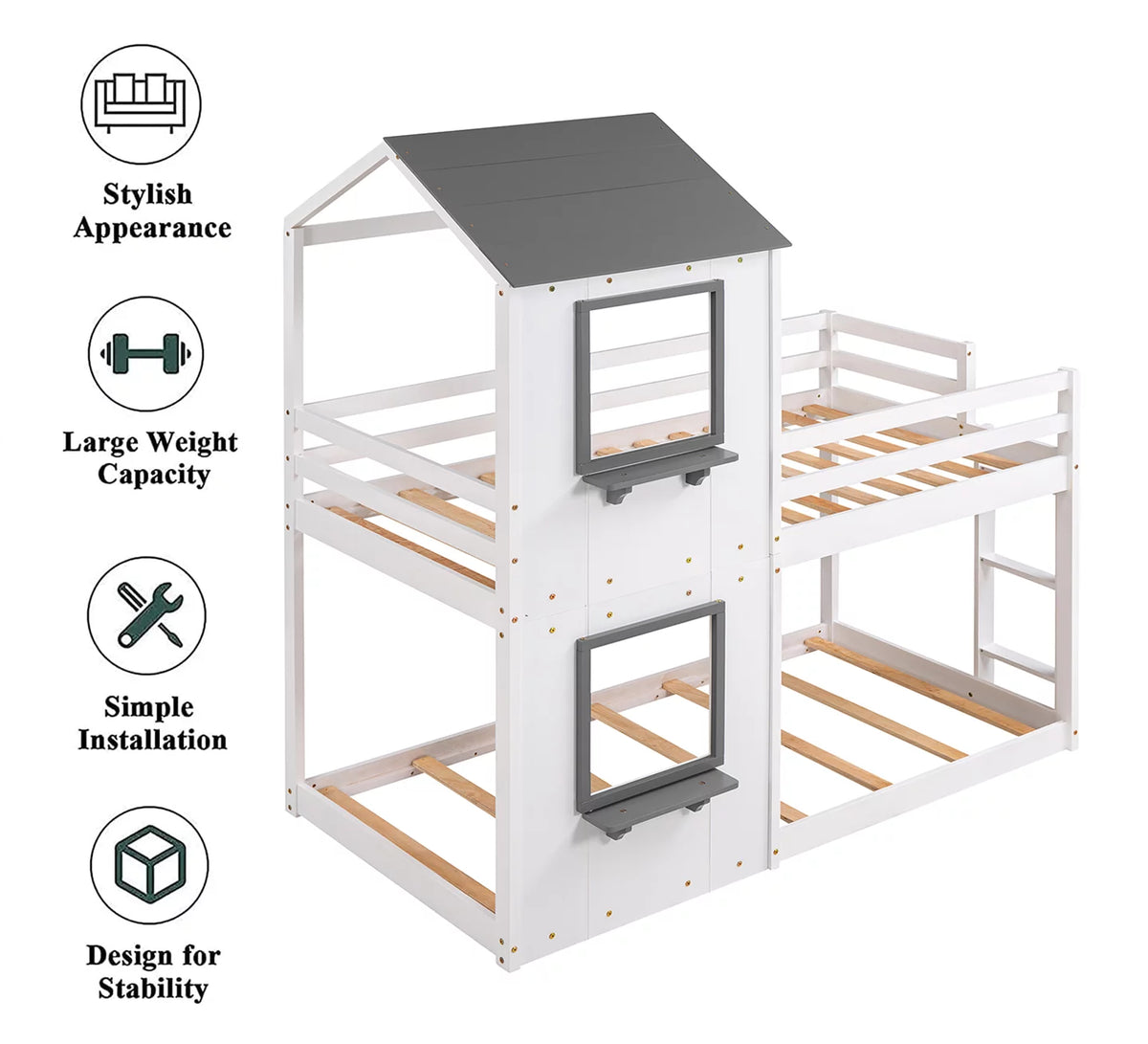 Wood Twin Over Twin Bunk Bed with Roof and Ladder G30325