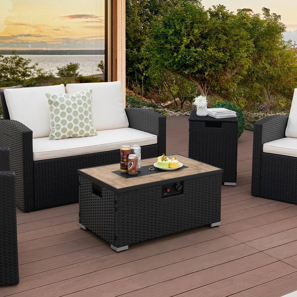 32''x 20'' Propane Rattan Fire Pit Table Set with Side Table and Cover 40,000 BTU S79373