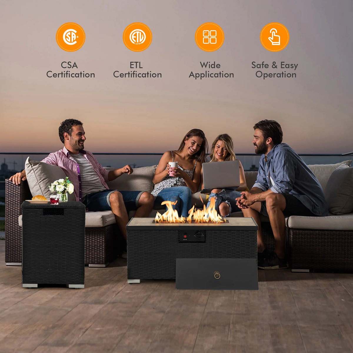 32''x 20'' Propane Rattan Fire Pit Table Set with Side Table and Cover 40,000 BTU S79373