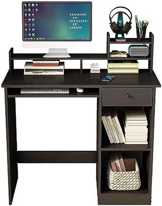 White Wood Computer Desk with Drawers and Keyboard Tray W83323