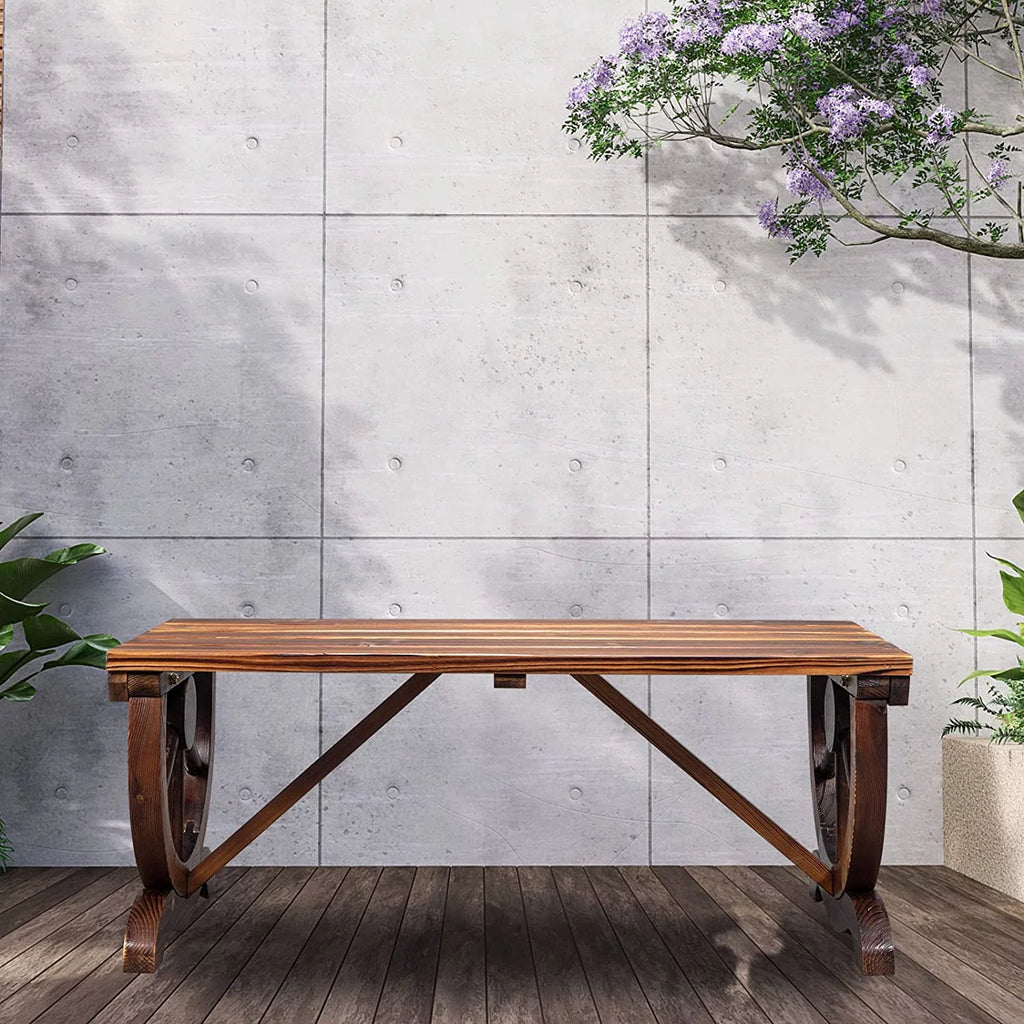 Rustic Wooden Bench with Wagon Wheel Legs L689568