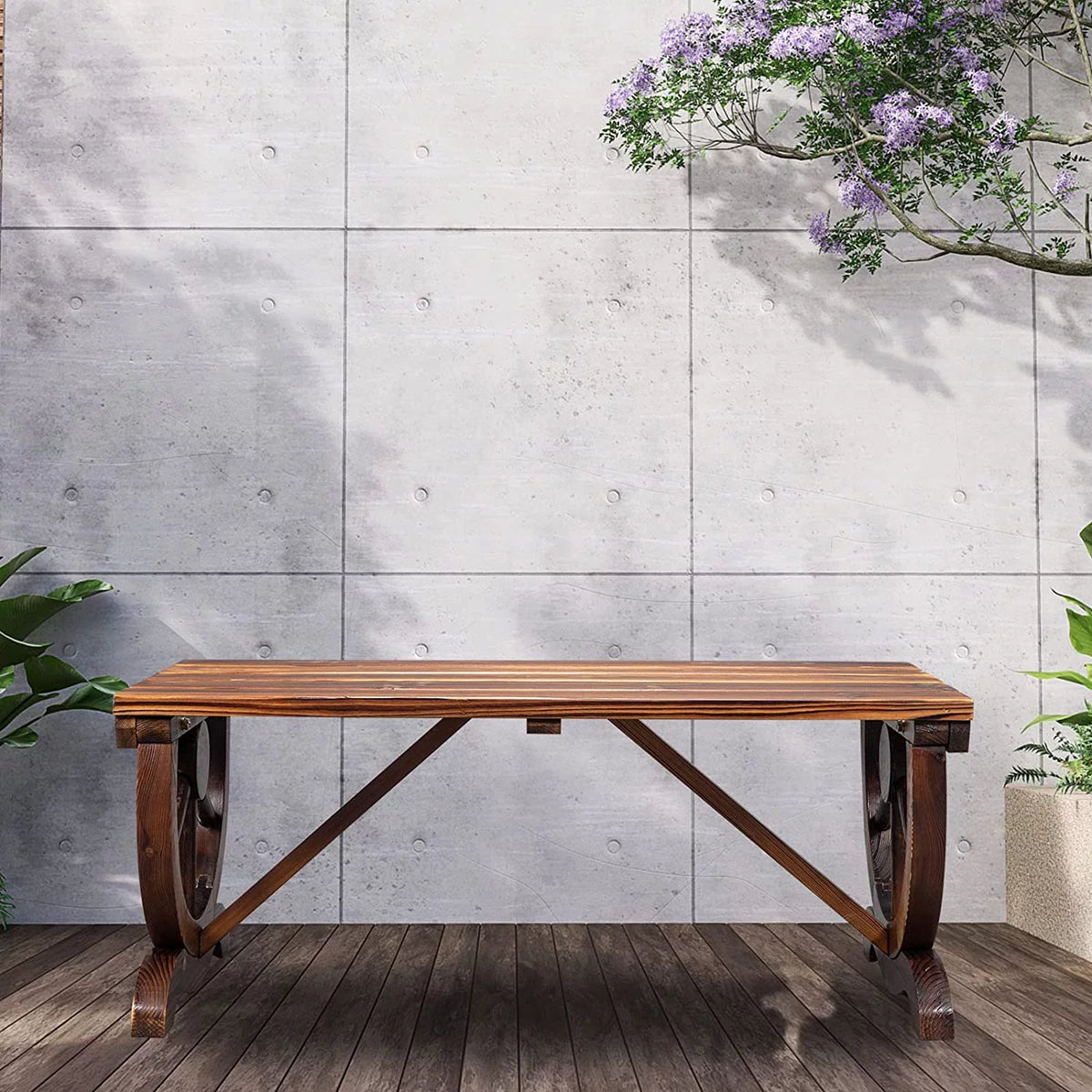 Rustic Wooden Bench with Wagon Wheel Legs L689568