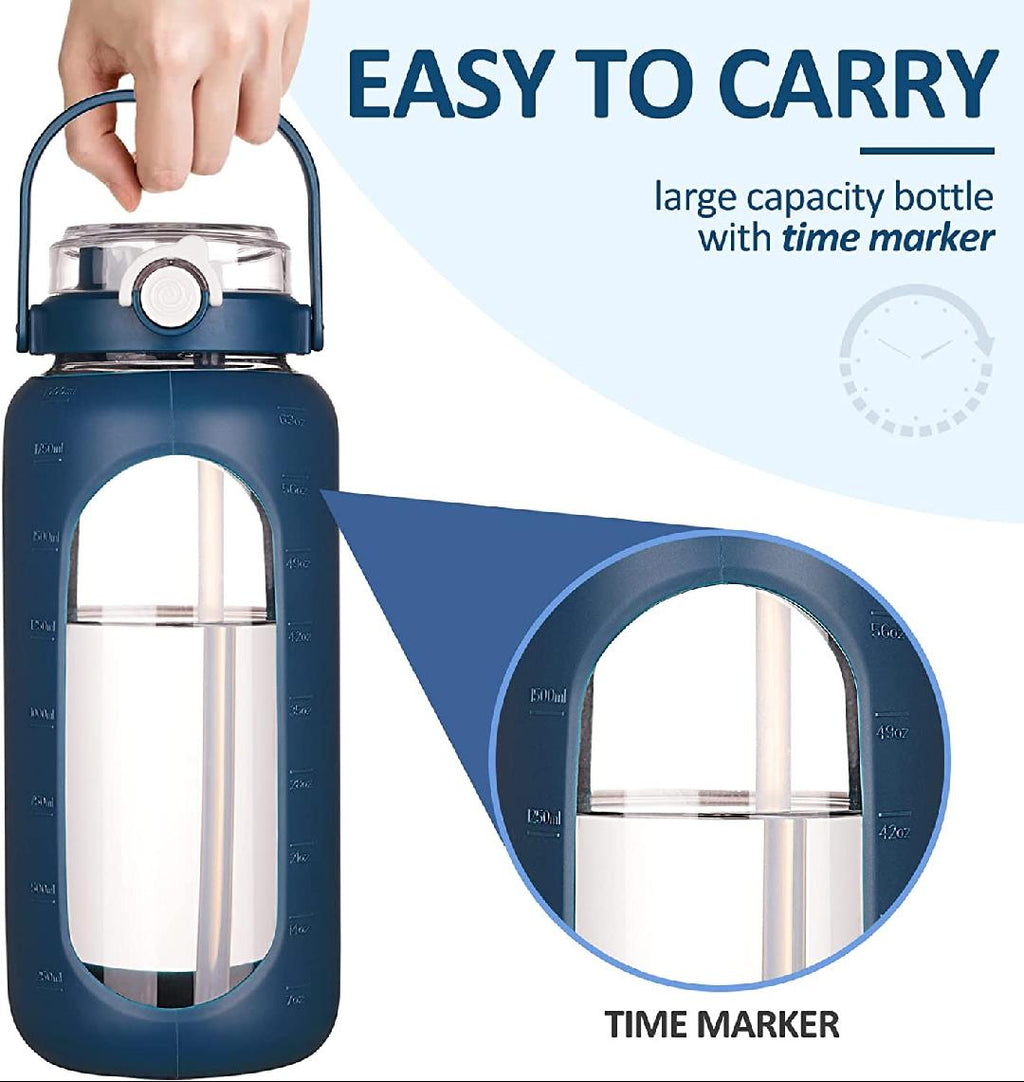 64oz Glass Water Bottle with Straw Time Marker Half Gallon 2L Dark Blue V1888