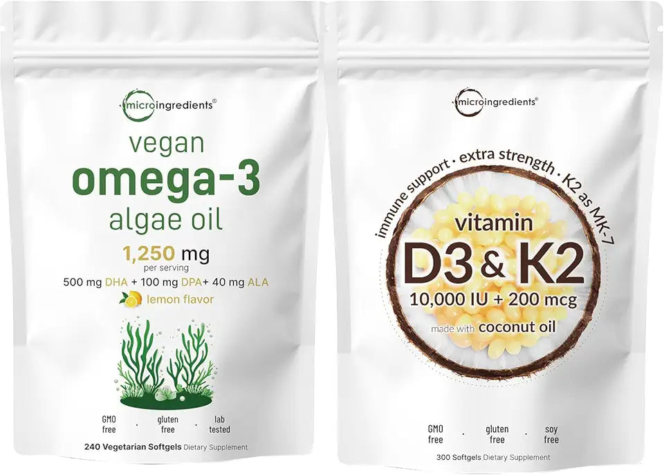 Vitamin D3 10,000iu + K2 200mcg Softgels & Vegan Omega 3 Algae Oil 2 Pack T339