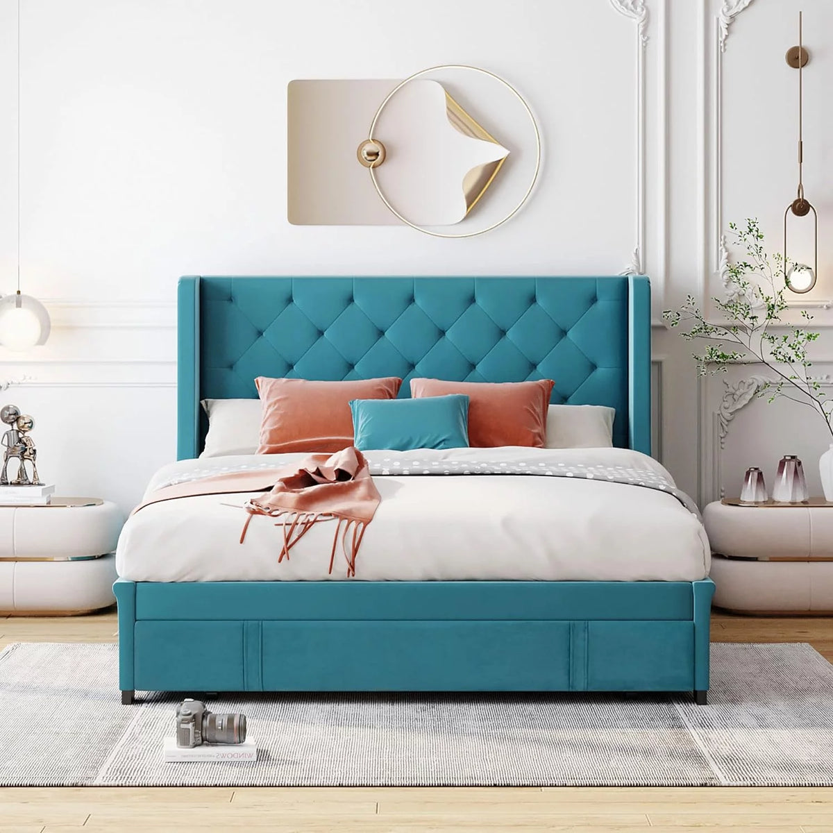 Queen Size Velvet Upholstered Platform Bed Frame with Headboard and Drawers F756