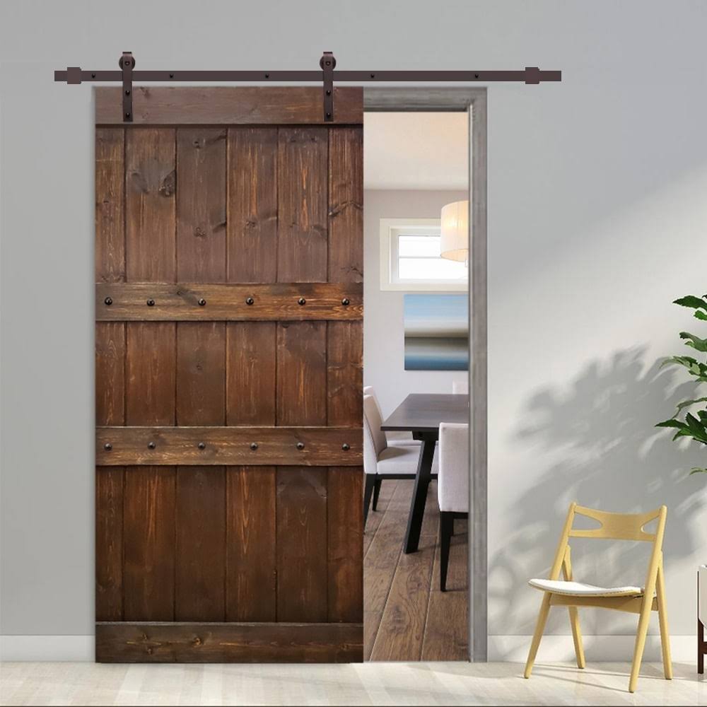 Brown Stained Solid Pine Wood Interior Sliding Barn Door with Hardware Kit R280808