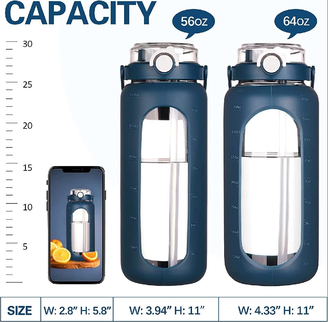 64oz Glass Water Bottle with Straw Time Marker Half Gallon 2L Dark Blue V1888
