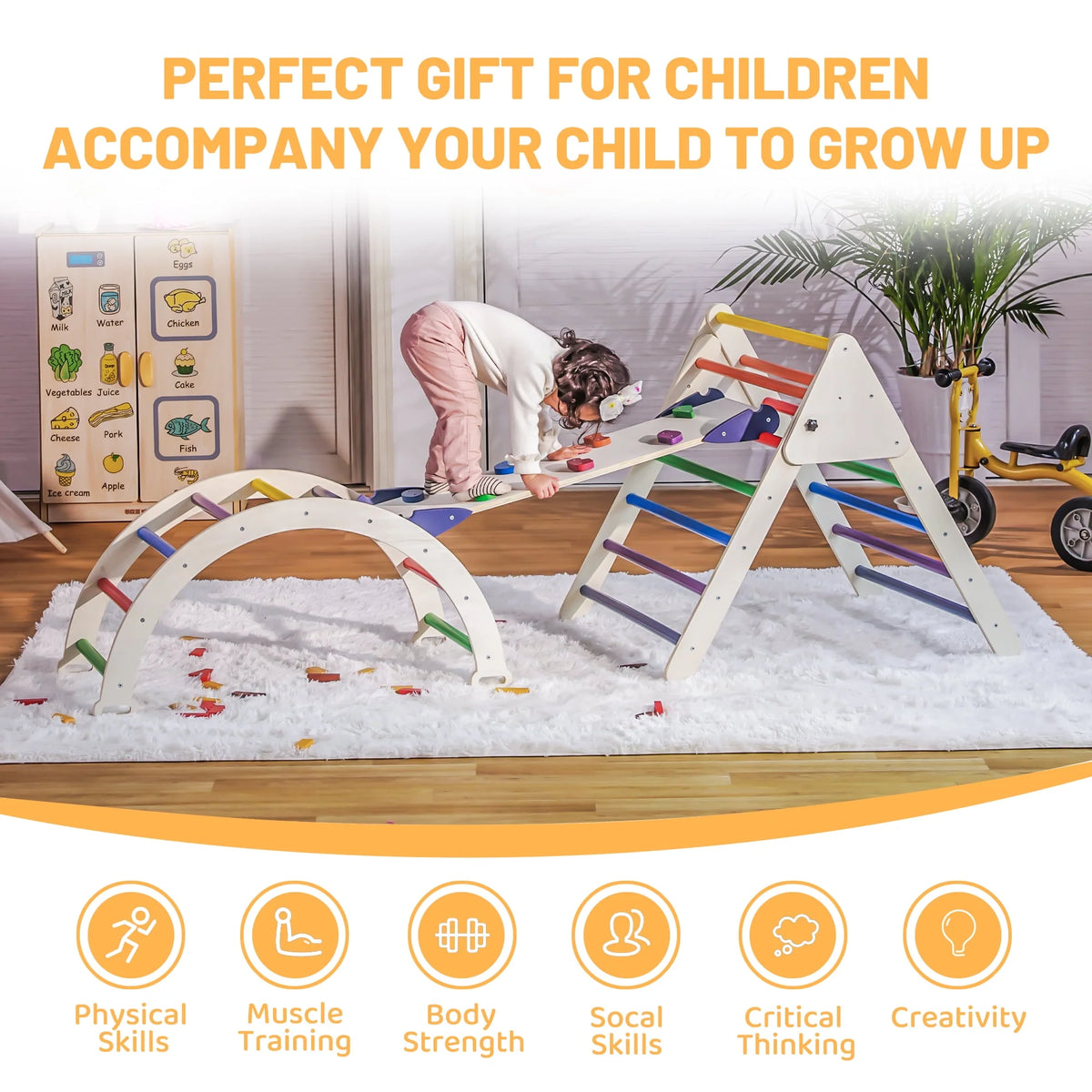 4-in-1 Wooden Pikler Climbing Triangle with Ramp and Arch D710443