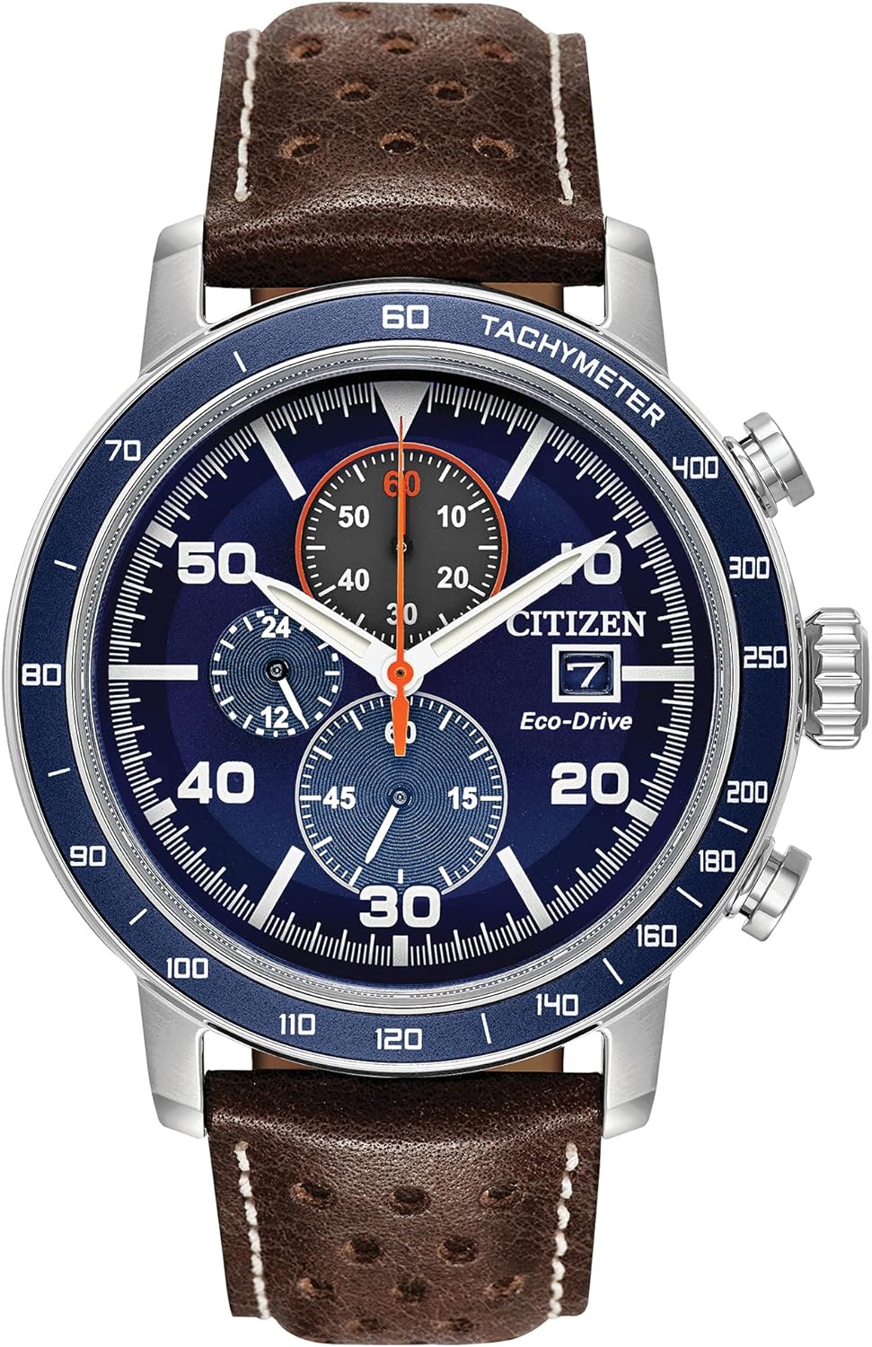 Stainless Steel Brown Leather Strap Blue Dial Chronograph Watch D80734