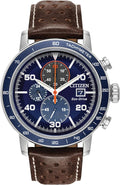 Stainless Steel Brown Leather Strap Blue Dial Chronograph Watch D80734