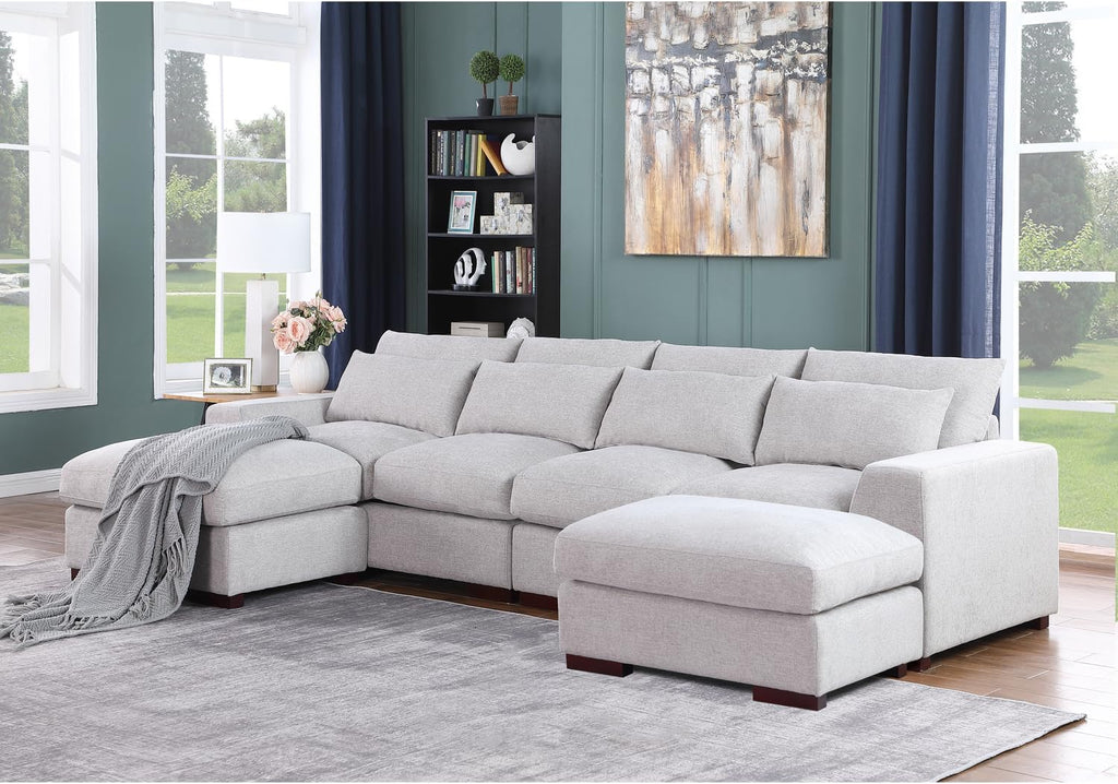 Reversible Modular Sectional Fabric Sofa & Chaise with Two Ottoman Light Gray M5639