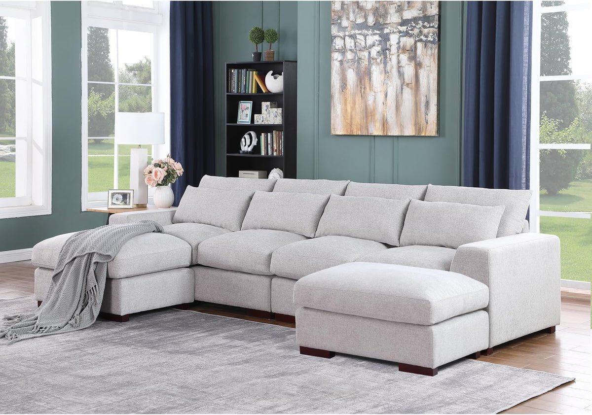 Reversible Modular Sectional Fabric Sofa & Chaise with Two Ottoman Light Gray M5639