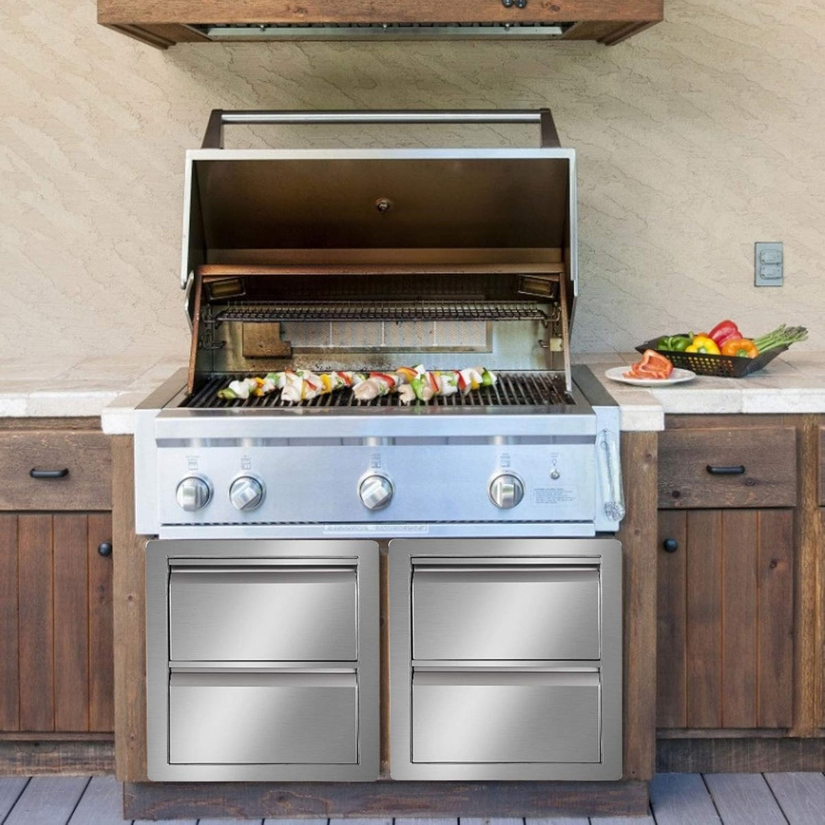 Stainless Steel Triple Access BBQ Drawers Box Frame Style Flush Mount Outdoor Kitchen Drawers C842051