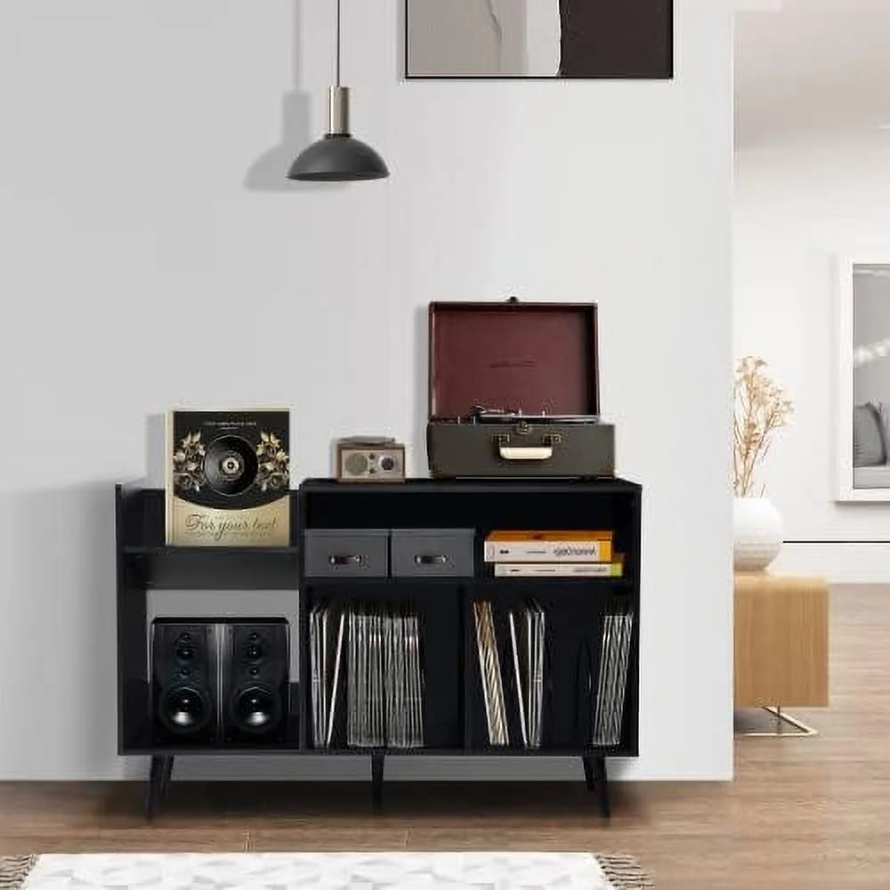 Black Record Player Stand with Wood Legs I50537