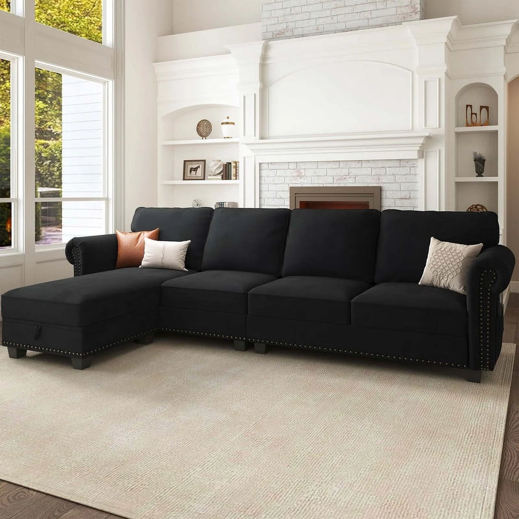 Black Velvet Sectional Sofa with Storage Ottoman and Reversible Chaise B3468