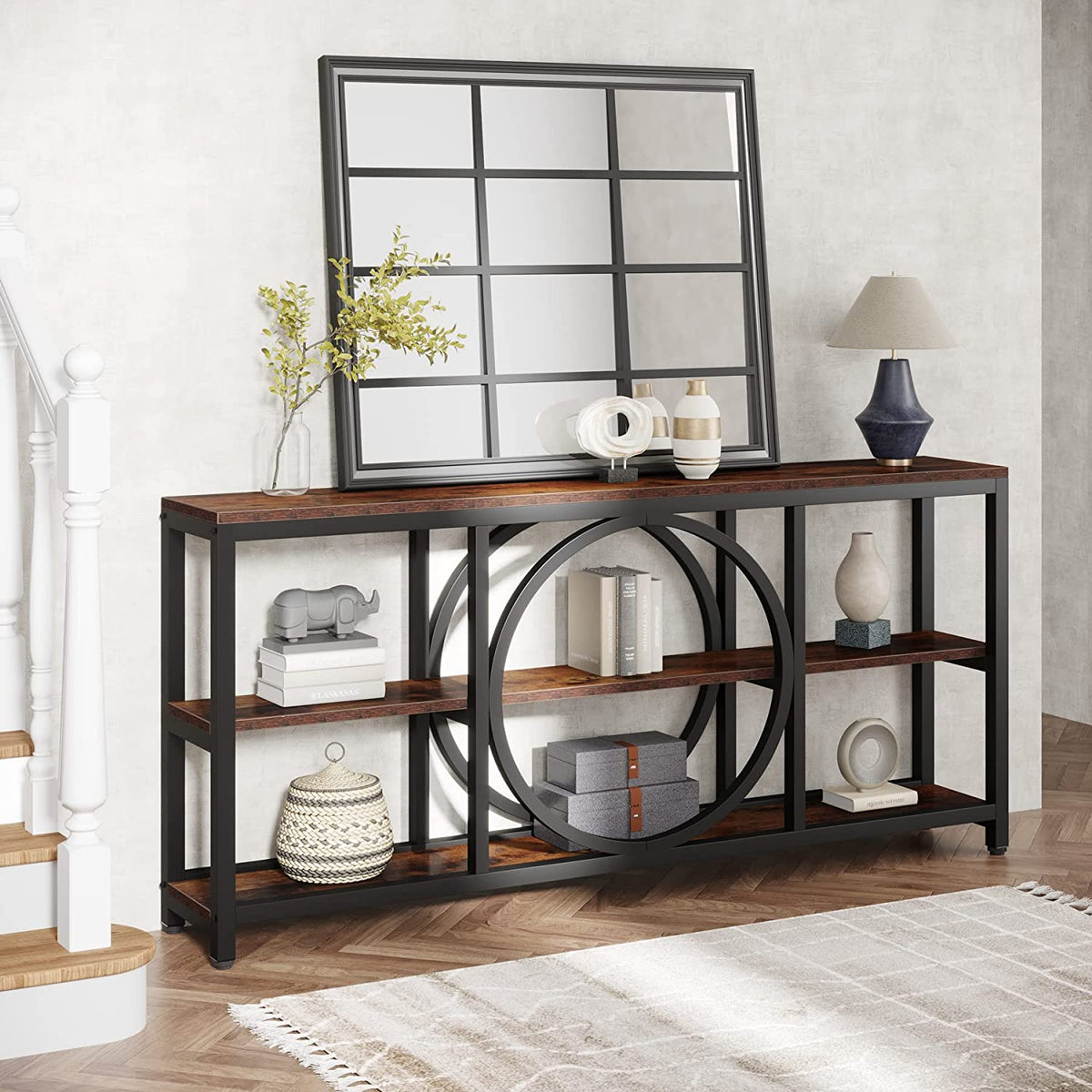 70.9 inch Narrow Console Table with 3 Tier Wood Storage Shelves V616804
