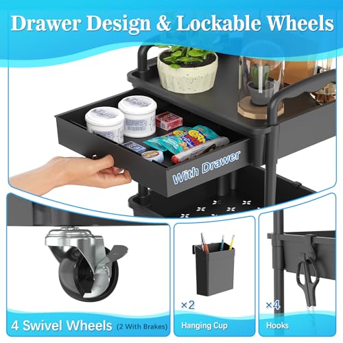 3-Tier Rolling Cart with Drawer & Lockable Wheels Y2227