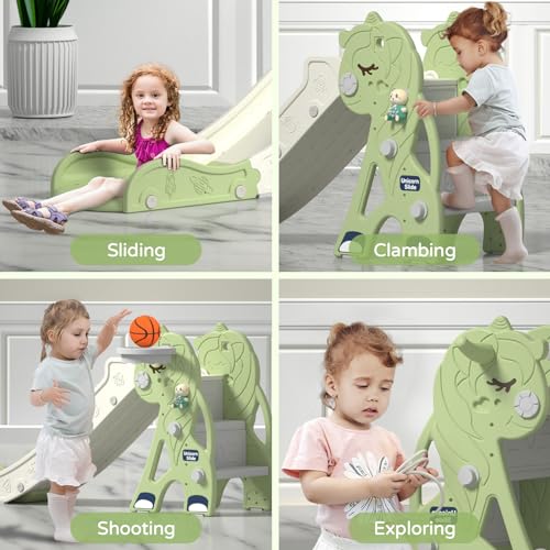 Unicorns-Pink Plastic Toddler Slide with Basketball Hoop & Ring Game A596
